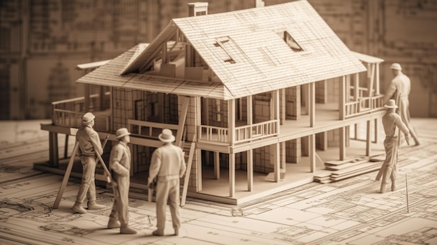 Building a house from architectural blueprints with a team of workers