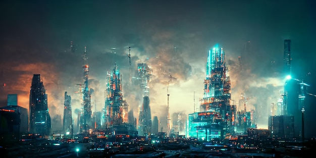 Строительство дома Высокотехнологичные технологии современного города в кибер 3D-городе в киберпространстве