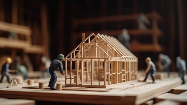 Building house wooden layout miniature on blueprints with worker construct Al generated