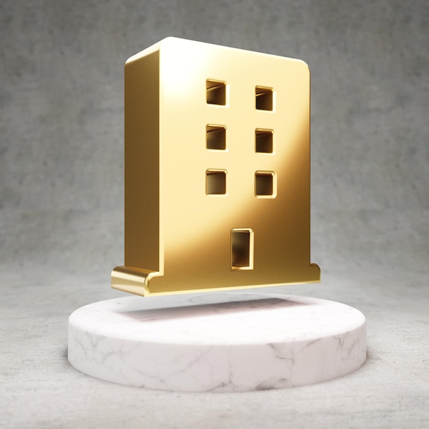 Building icon. Gold glossy Building symbol on white marble podium. Modern icon for website, social media, presentation, design template element. 3D render.