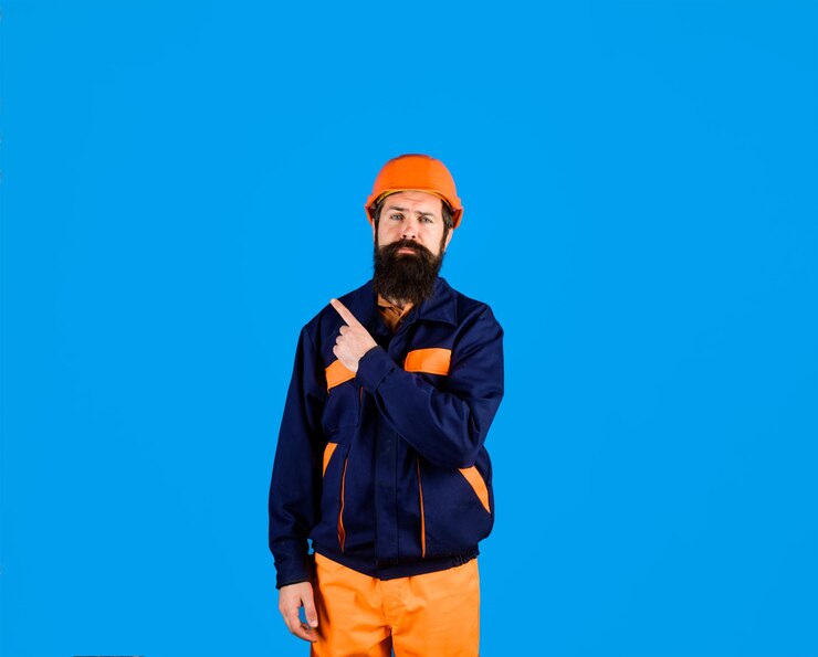  Building industry technology builder in hard hat man builder in uniform bearded man in construction