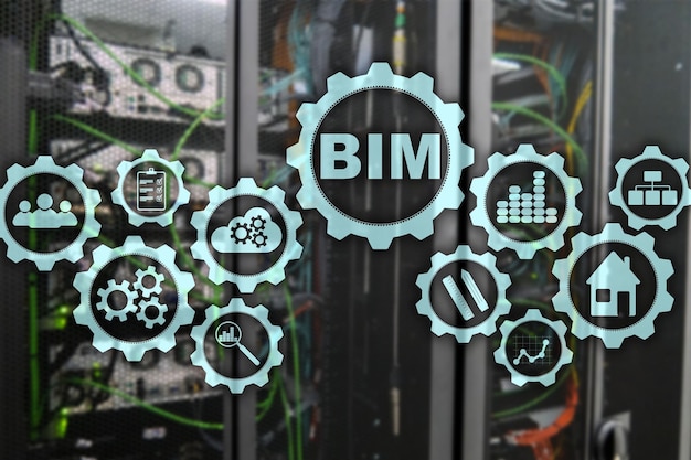 Building Information Modeling BIM on the virtual screen with a server data center background