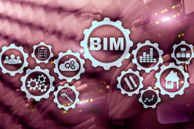 Building Information Modeling BIM on the virtual screen with a server data center background