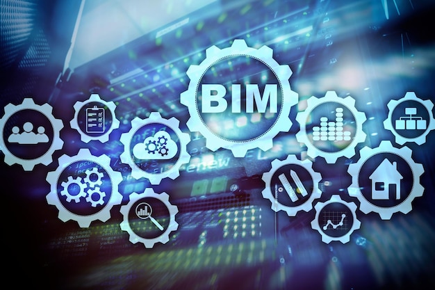 Информационное моделирование зданий BIM на виртуальном экране на фоне серверного центра обработки данных