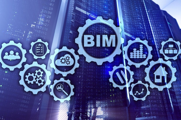 Информационное моделирование зданий BIM на виртуальном экране на фоне серверного центра обработки данных