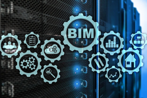 Building Information Modeling BIM on the virtual screen with a server data center background