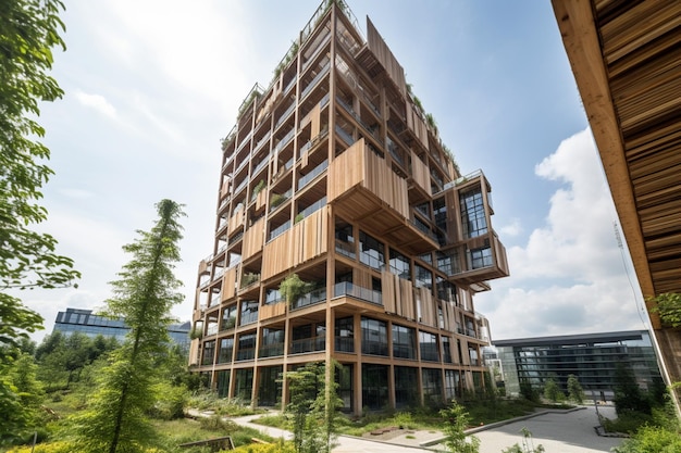 The building is made of wood and has a balcony that is surrounded by trees.