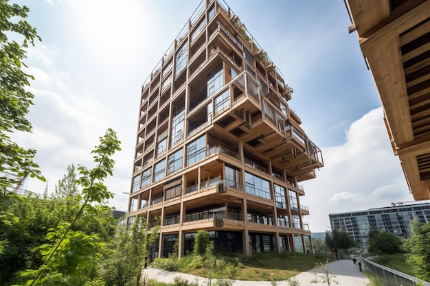 The building is made of wood and has a large glass facade that says'green roof '
