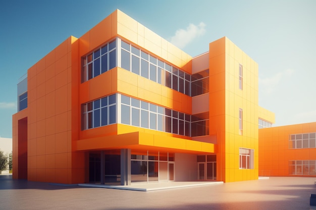 建物はオレンジ色で、大きな窓があります。