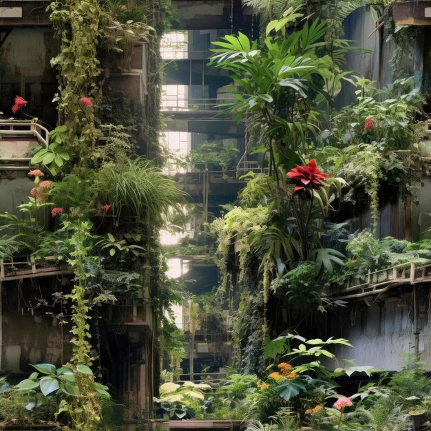 The building is overgrown with plants