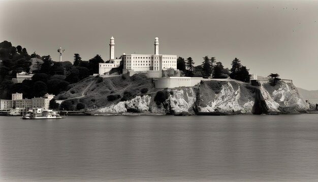 Photo a building is on the shore of a lake and is near a body of water