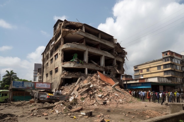 A building is surrounded by a pile of rubble.