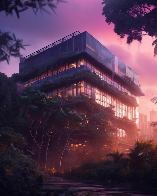하늘을 배경으로 정글에 있는 건물