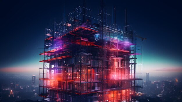 Foto costruire la costruzione del grattacielo dell'orizzonte notturno sotto le luci al neon