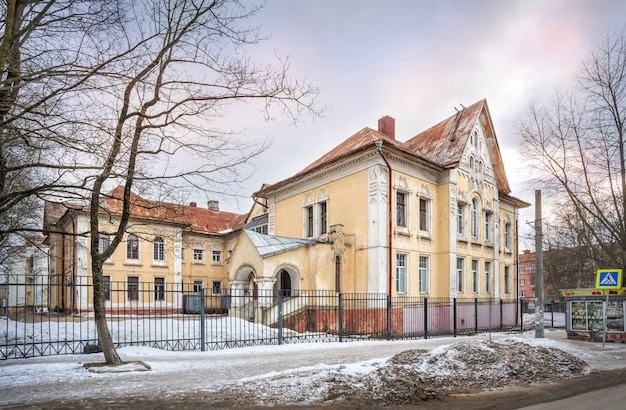 The building of the obstetrics department in a hospital in Smolensk under the spring blue sky