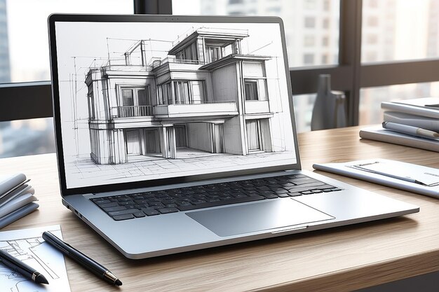 Фото Открытый ноутбук с чертежным проектом для архитектурного дизайна 3d-иллюстрации