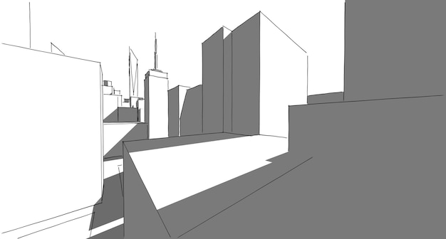 흰색 배경에 건물 관점 도시 도시 스카이 라인에 현대적인 건물