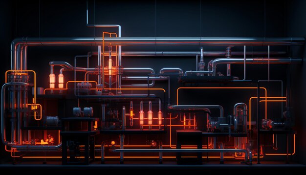 사진 건물 파이프 및 에너지 시스템 추상 네온 조명을 가진 산업 장비 인공지능 생성