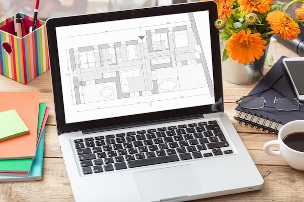 Photo building project blueprint plan on a computer screen