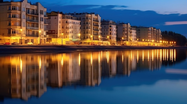 building in the river banks with Night View with Reflections in the river