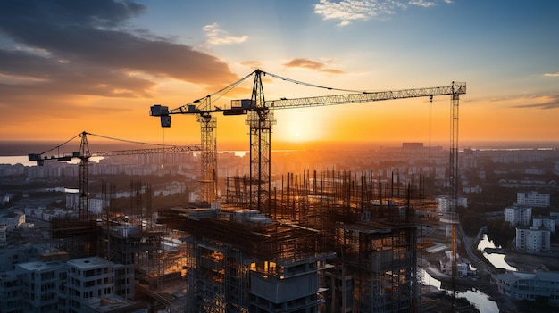 Building silhouettes and commercial construction cranes against a sunset