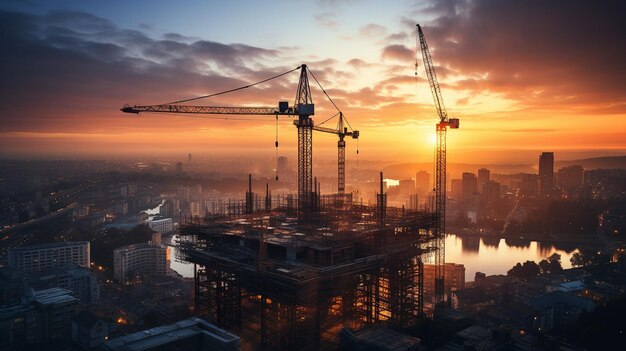 Building silhouettes and commercial construction cranes against a sunset
