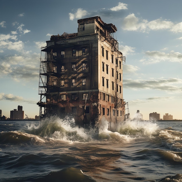 A building sinks into the sea