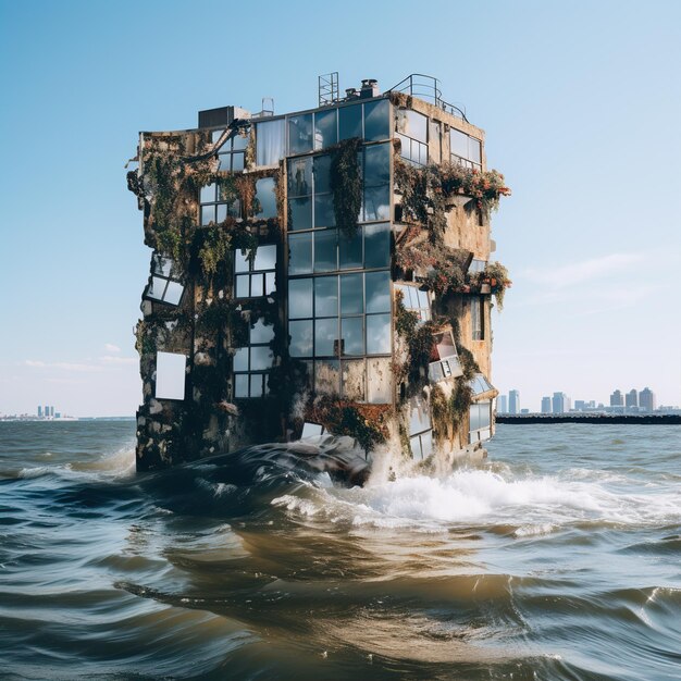 A building sinks into the sea