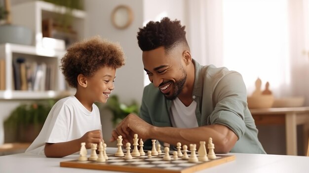 Building Strong Bonds Afro American Father and Son Engage in Exciting Chess Match at Home