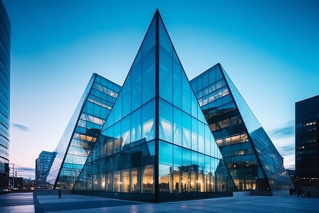 Building structures aluminum triangle geometry on facade of modern urban architecture