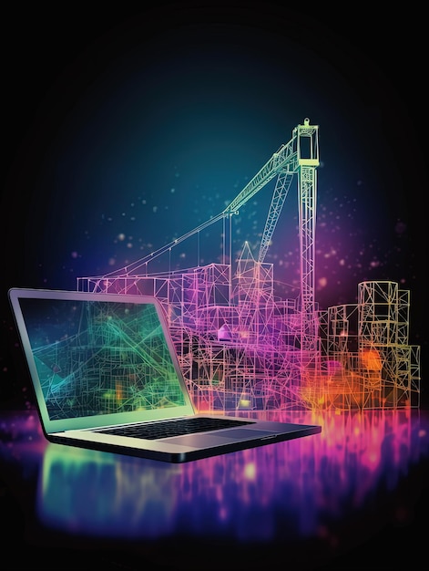 Building Success A laptop amidst a bustling construction site symbolizes the foundation of progress and innovation in the digital age Generative Ai