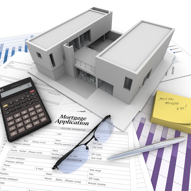 a building on top of a table with mortgage application form, calculator, blueprints, etc..