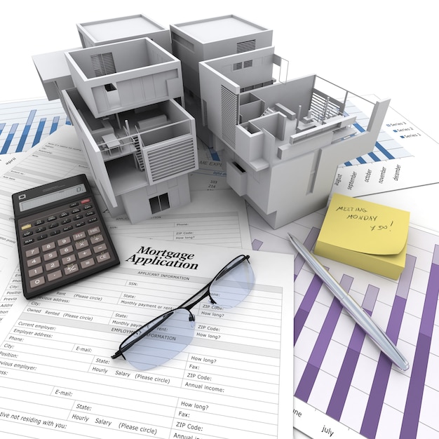 A building on top of a table with mortgage application form, calculator, blueprints, etc..