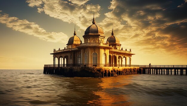 a building in the water with a sunset in the background