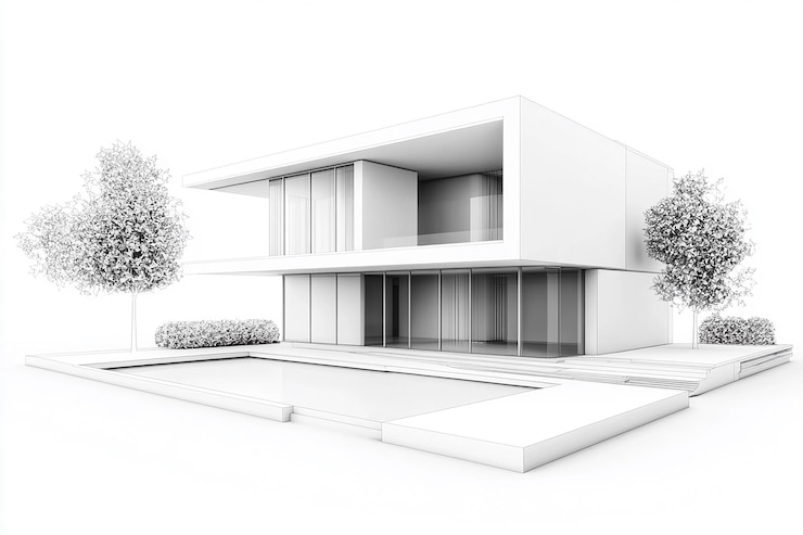 Photo building with 2d style modern architecture with white background