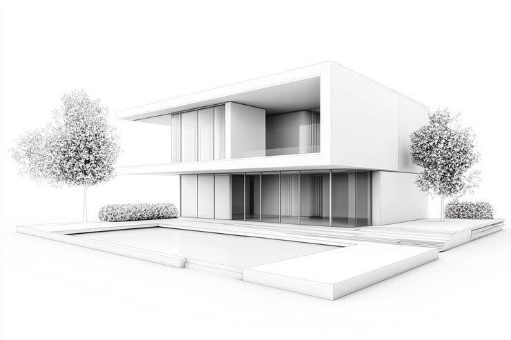Photo building with 2d style modern architecture with white background