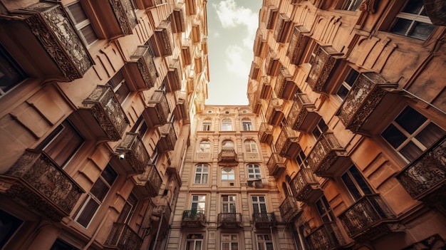 A building with balconies and a sky background