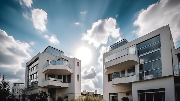 A building with balconies and a sky background