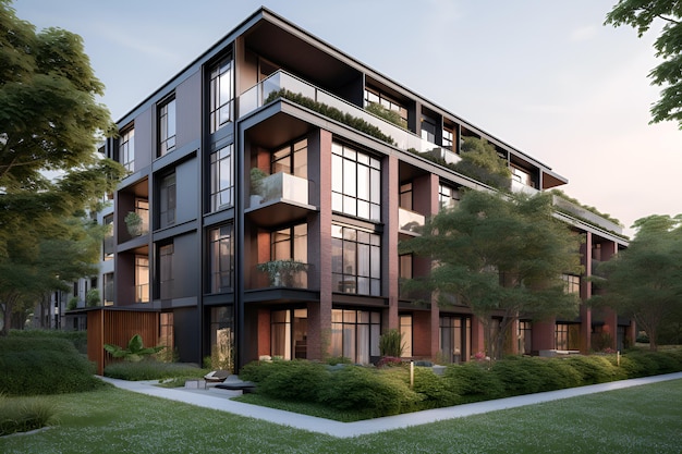 A building with a balcony and a tree in front of it