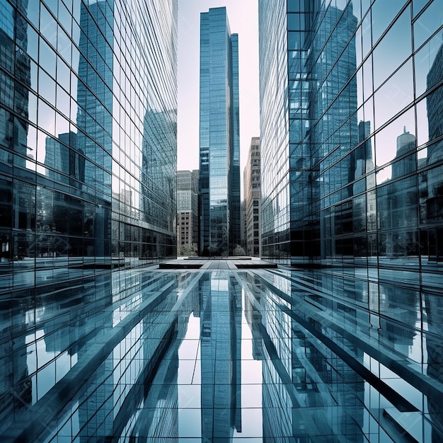 A building with a blue background and a reflection of the city in the glass.