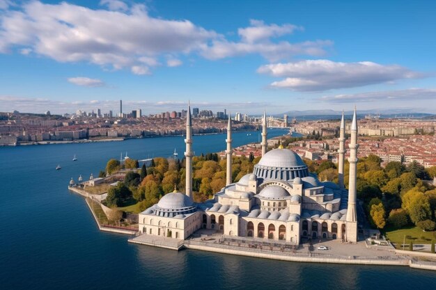 Photo a building with a blue dome on the top of it is on the water