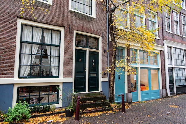 A building with a blue door and a window in amsterdam