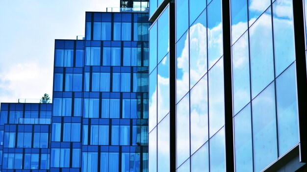 A building with a blue glass window