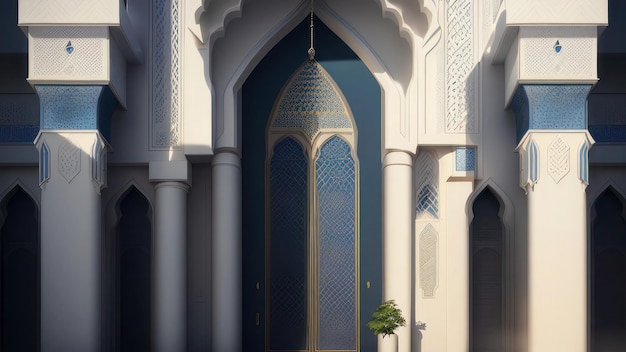 A building with a blue and gold design and a large door with a small tree in the middle.