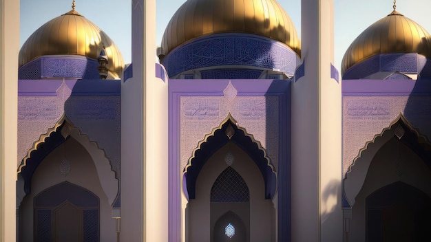 파란색과 보라색 디자인으로 '모스크'라고 적힌 건물