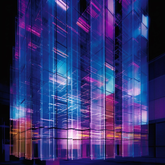 A building with a blue and purple light on it