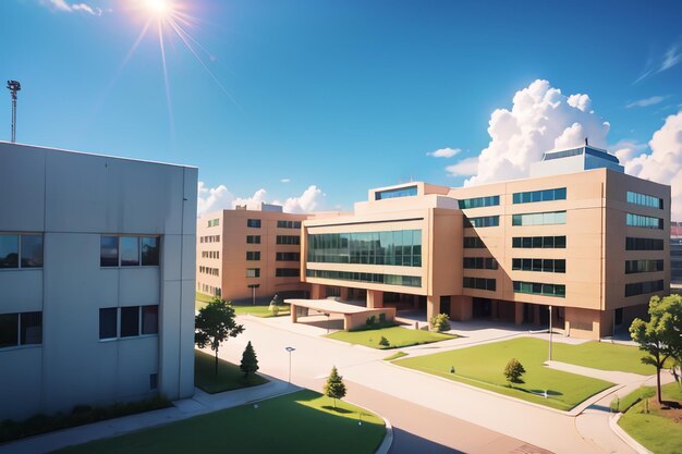 A building with a blue sky and clouds