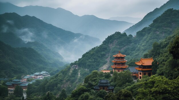 Photo a building with a blue sky and mountains in the background