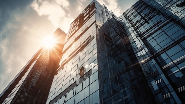 A building with a blue sky and the sun shining on it