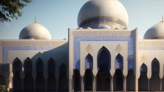 A building with a blue sky and a white building with a dome shaped roof.